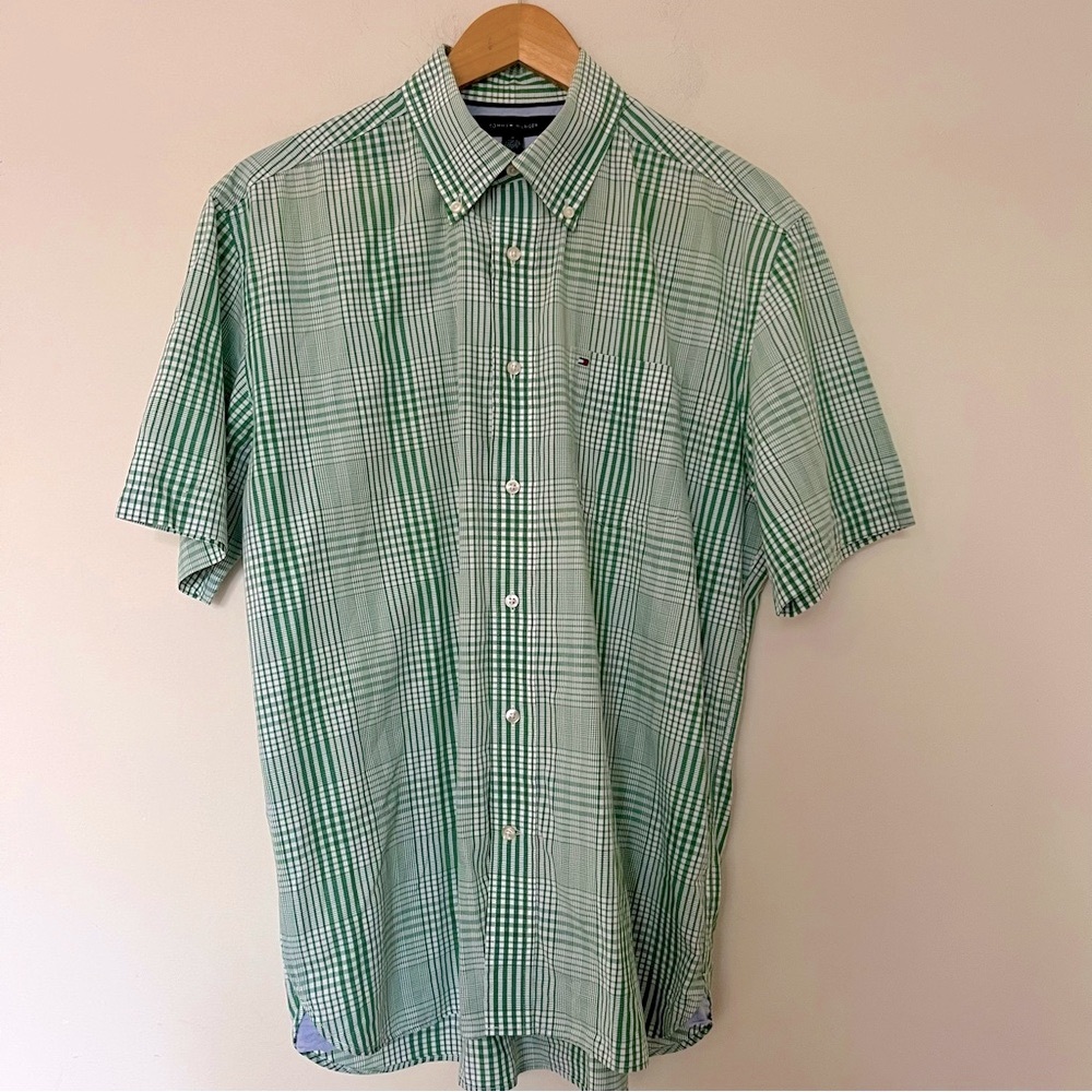 Tommy Hilfiger Short Sleeve Button Up Cotton Plaid Shirt White Green Mens Medium